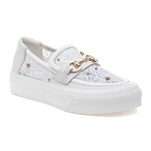 J Slides Georgy Sneaker White Lace & Leather Upper Size 5